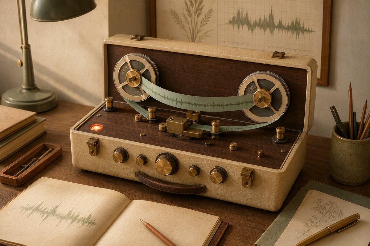A fictional cream and walnut reel-to-reel recorder carrying a continuous green waveform tape